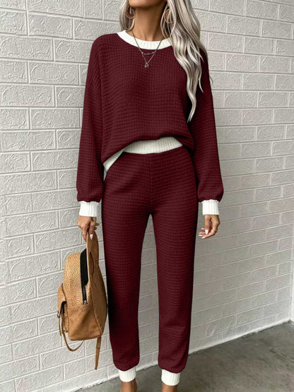 Women’s Waffle-Weave Sweatshirt & Pants Set – Casual Drawstring Crew-Neck Long-Sleeve Loungewear