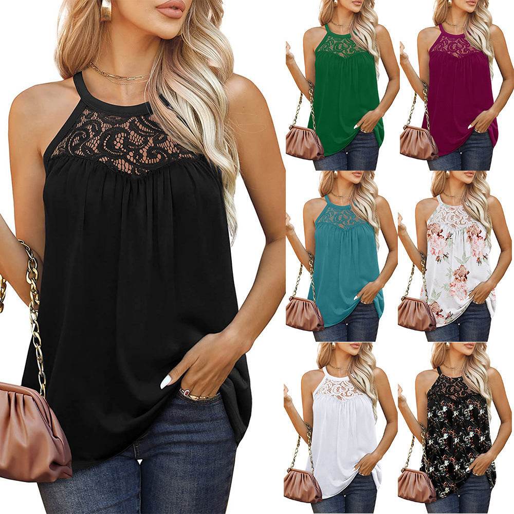 Elegant Women Casual Sleeveless Summer lace cotton Halter neck blouse top
