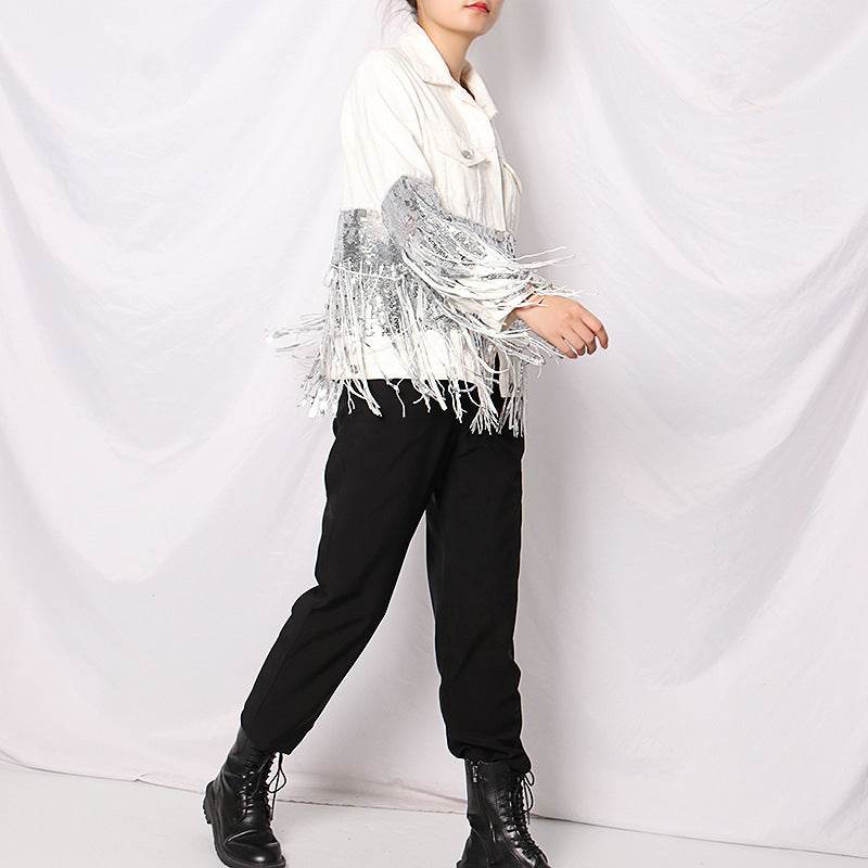 Lapel Pocket Heavy Industry Sequins Tassel  Loose Ripped Denim Jacket Women
