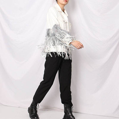 Lapel Pocket Heavy Industry Sequins Tassel  Loose Ripped Denim Jacket Women