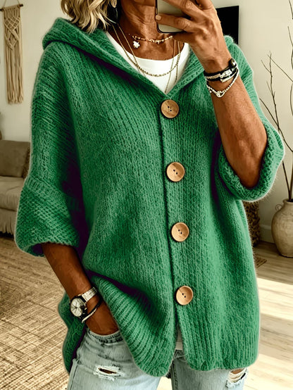 Women's Solid-Color Hooded Button-Down Cardigan Sweater