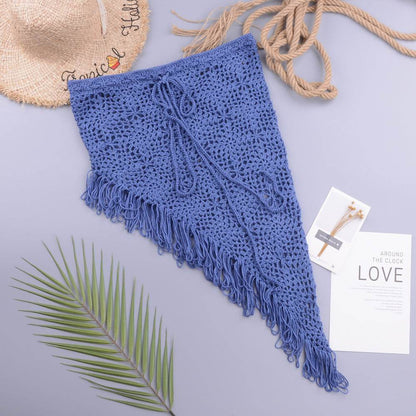 European And American Women's See Through Hollow Knitted tassel fringe Slant Beach Skirt
