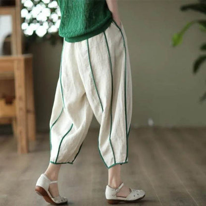 Summer Thin Striped Cotton And Linen Cropped trouser Pants For Women