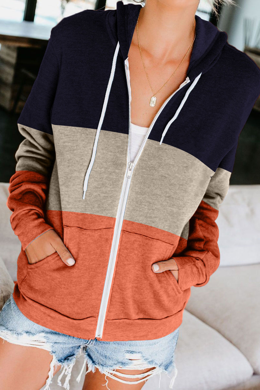 Women's Color-Contrast Hooded Zipper Cardigan Jacket