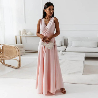 V-neck Sleeveless Dress With Belt Summer Fashion.