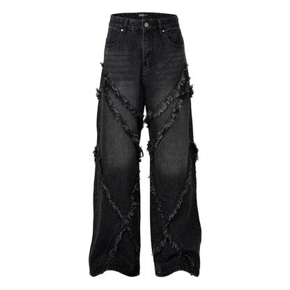 Wash Distressed Stitching Baggy Jeans Pant With Whiskers Same Style For Men And Women