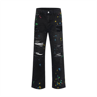 Ripped Paint Wide-leg Denim Trousers For Men Jeans
