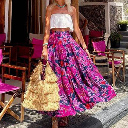 Jupe longue cercle bohème taille haute fleurie imprimée tendance printemps-été