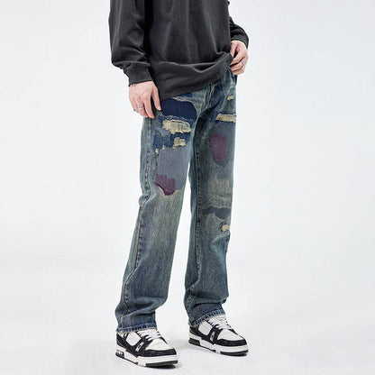 American Style Loose Broken Patch Straight Retro Denim Jeans pant Trousers Men