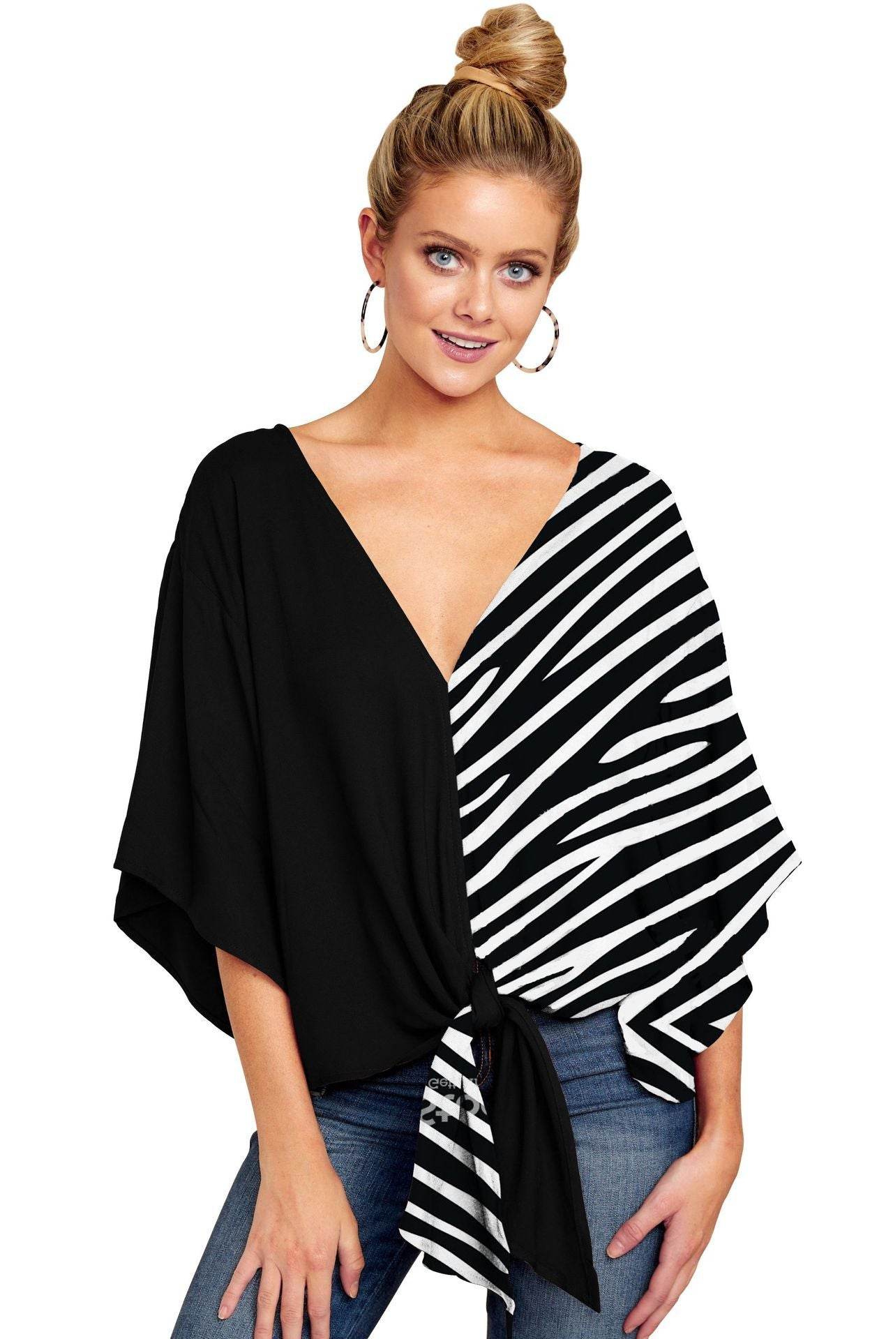Nouvelle Blouse Col V Femme Imprimé Léopard Floral Noué Devant Chauve-souris Été Surtailles Blouses Dames