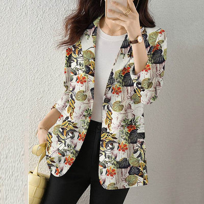 Women's Button Printed Long-sleeved Pocket Vintage Cotton And Linen jacket Blazer