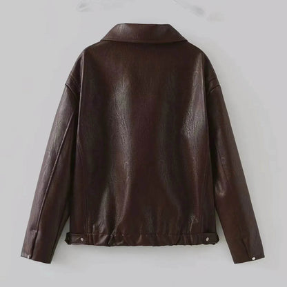 Fashioned Oversized zipper Lapel Leather coat jacket for women