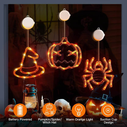 Lot de 3 lumières d'Halloween pour fenêtre, araignée, chapeau de sorcière, citrouille, avec lumière orange, décoration d'Halloween à suspendre avec ventouse et trous de suspension.
