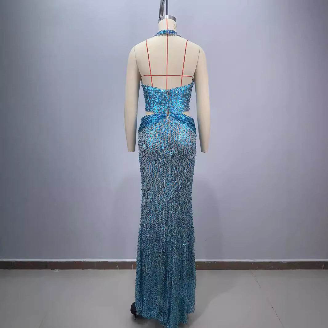 New Halter Deep V-neck Slim fit Sequined Evening Party Dress