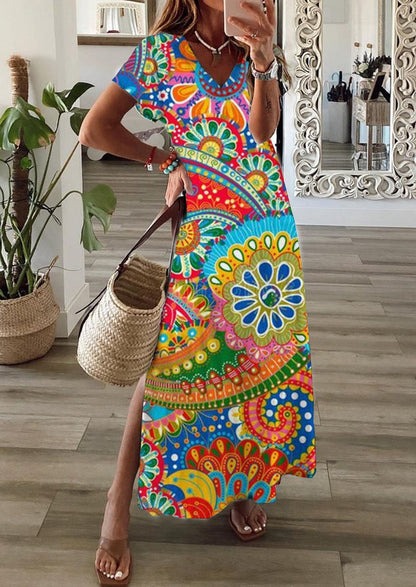 Women’s Elegant 3D Print Summer Dress – Split Hem Mid-Length Fashion Dress
