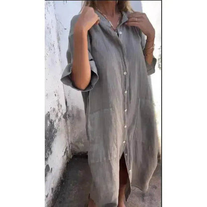 Women Loose Casual Half Sleeve Cotton Linen Buttoned down  Shirt Dress