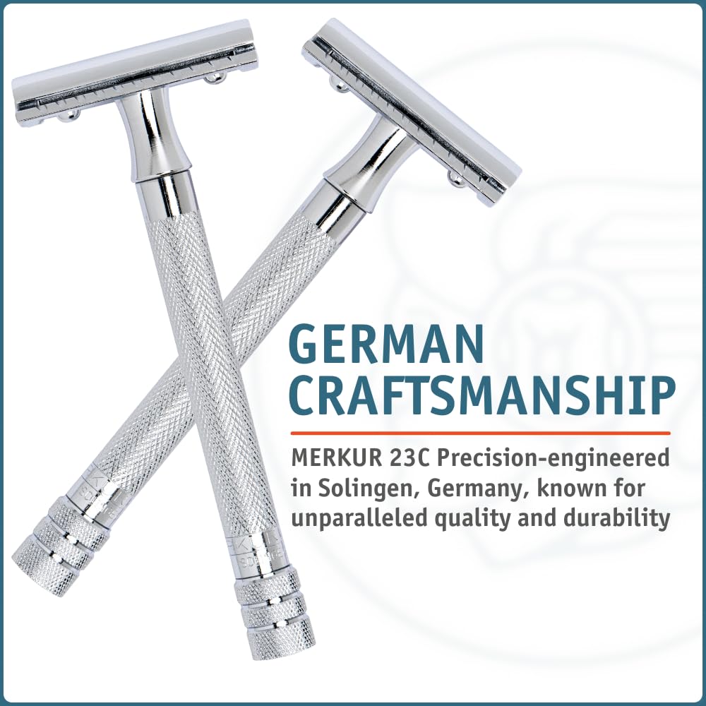 Merkur 23C 3-Piece DE Safety Razor, Closed Comb, Knurled Extra Long Handle, Chrome