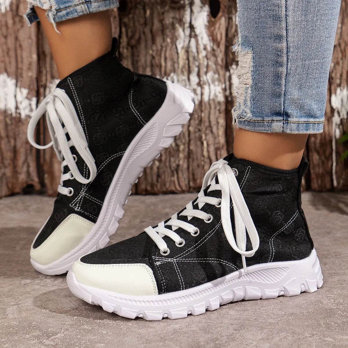 Bottes à lacets imprimé rose, chaussures en toile respirantes à la mode, bottines courtes décontractées antidérapantes à semelle épaisse pour femmes