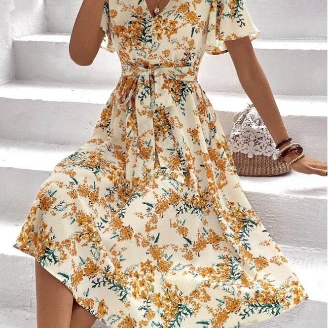 Robe mi-longue d'été décontractée bohème à manches courtes et col en V, avec ceinture à nouer et imprimé floral pour femme