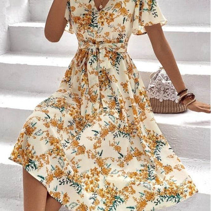 Robe mi-longue d'été décontractée bohème à manches courtes et col en V, avec ceinture à nouer et imprimé floral pour femme