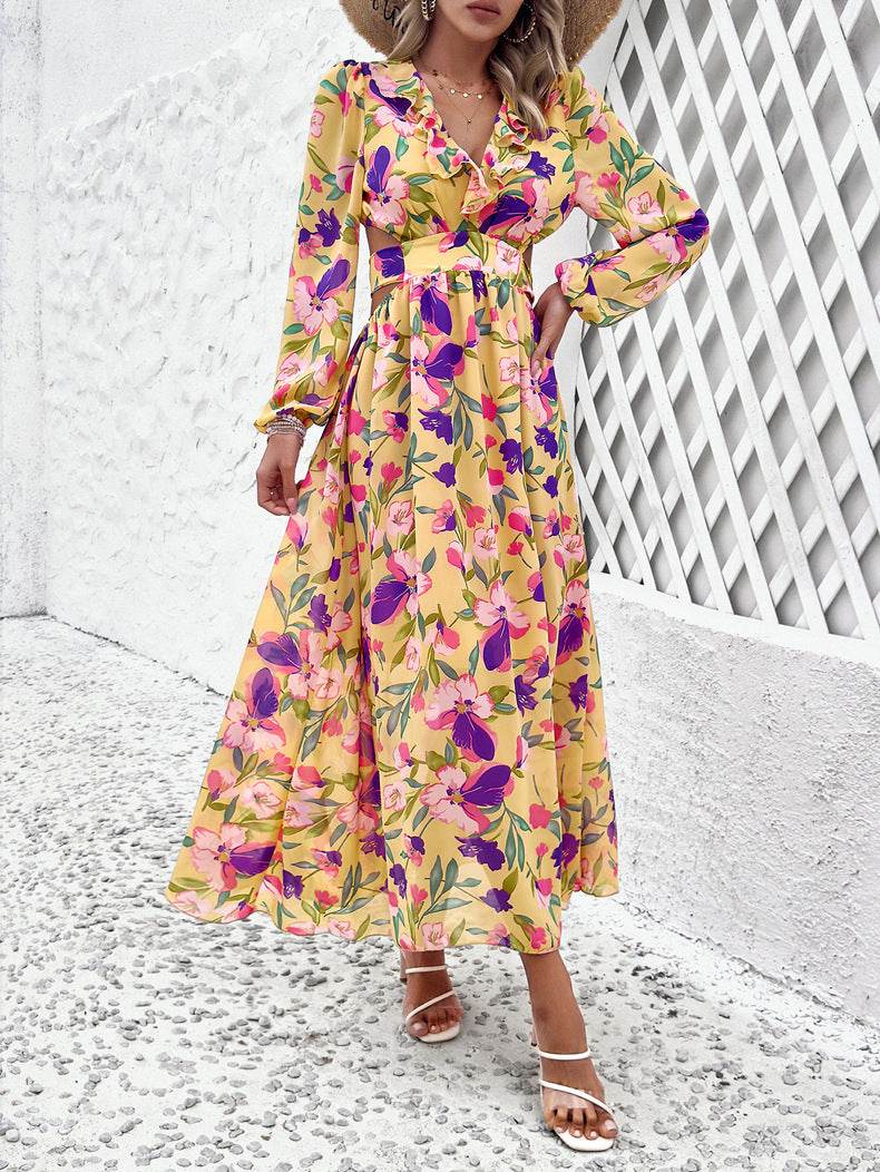 Robe longue imprimée florale à manches longues, décontractée pour les vacances, coupe ajustée, col en V, vêtements pour femmes
