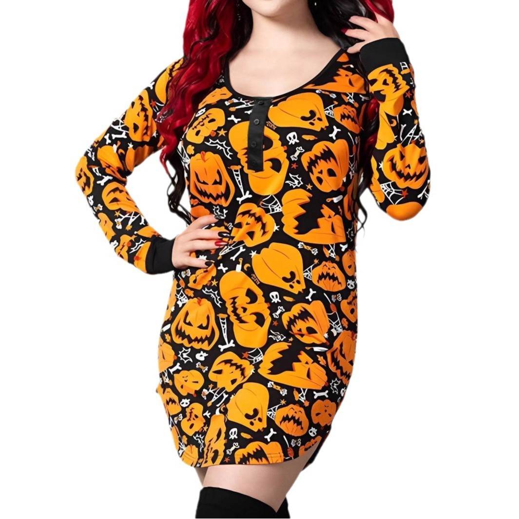 Halloween Printed Round Neck Long Sleeve Plus Size Dress