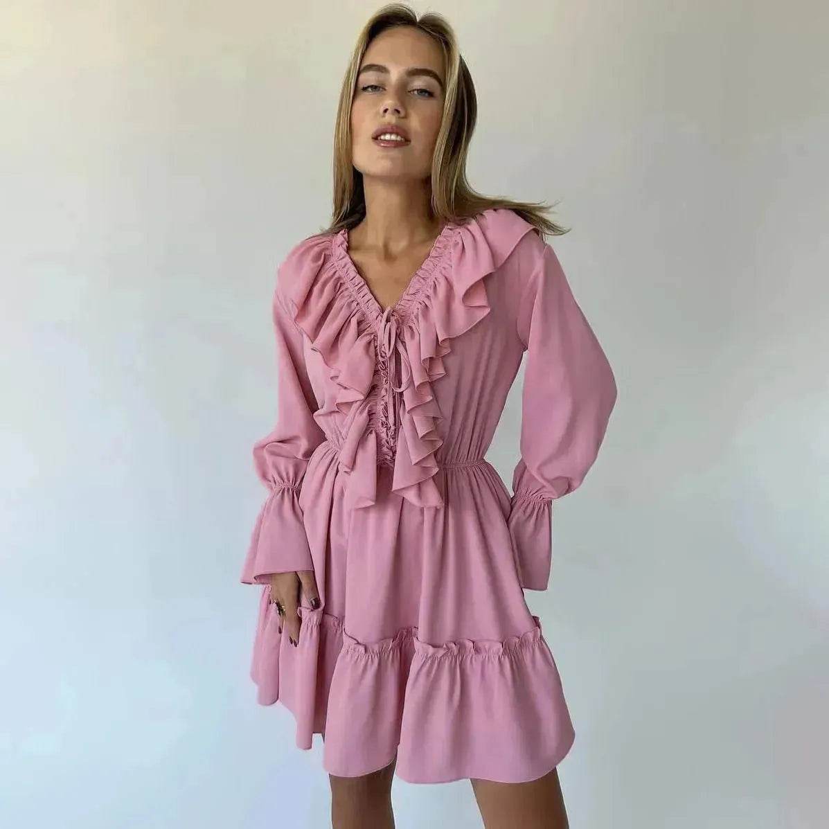 Robe plissée à volants et manches longues col en V style décontracté Y2K Robe patineuse courte col en V manches évasées Vêtements femme