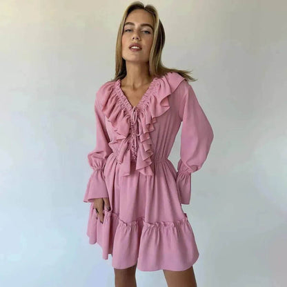 Robe plissée à volants et manches longues col en V style décontracté Y2K Robe patineuse courte col en V manches évasées Vêtements femme