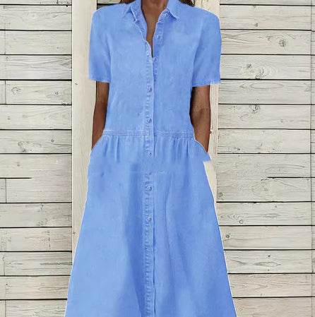 Women's European And American Lapel Casual loose button down Midi Denim jeans Mum Dress
