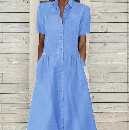 Women's European And American Lapel Casual loose button down Midi Denim jeans Mum Dress