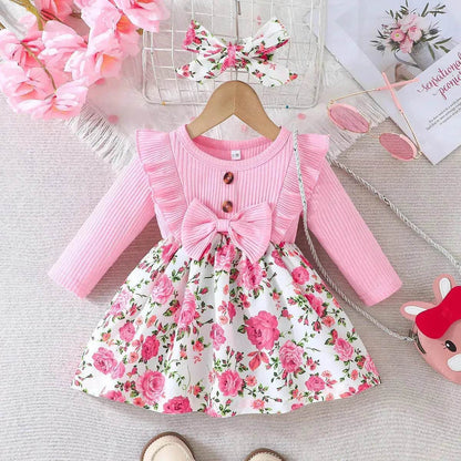 Ensemble robe-salopette et bandeau imprimé floral pour bébé fille, tenue d'extérieur pour bébés filles avec nœud papillon, robe rose pour bébé fille