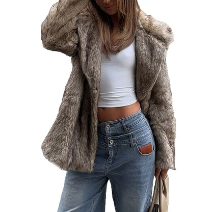 Women’s Elegant Long Sleeve Coat with Faux Fur Collar – Stylish Winter Outerwear