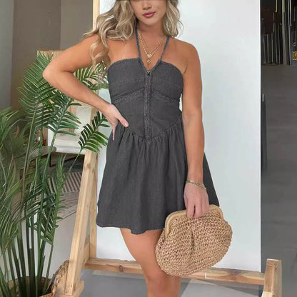 Fashion Women's Halter Denim Mini Flared Dress