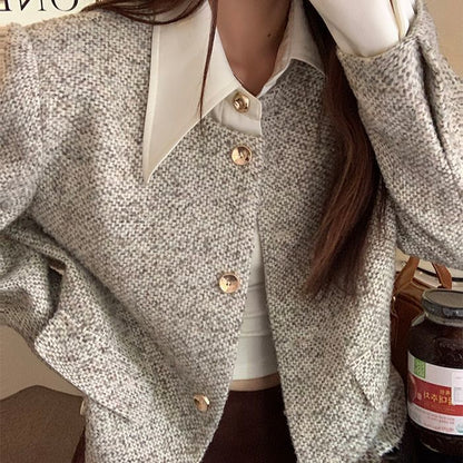 Women's Trendy Vintage Tweed Button-Up Long-Sleeve Top