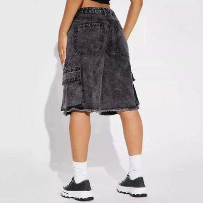 Fashion Street Washed Frayed Hem Women's Denim Straight Short Pants Black Jeans shorts for women
