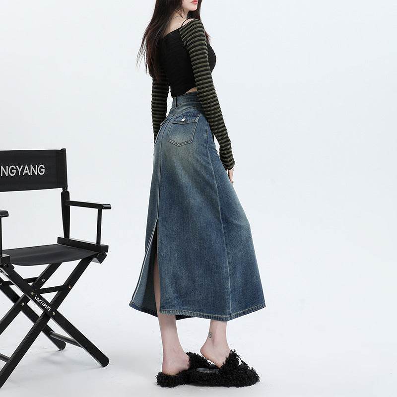 High Waisted Denim Skirt Long Cotton Solid Style