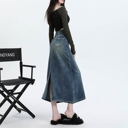 High Waisted Denim Skirt Long Cotton Solid Style