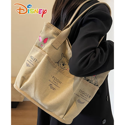 Disney Winnie The Pooh Printed Canvas Tote Bag, Vintage Single Shoulder Bag, Large Capacity Multi-Pocket Handbag Christmas/Halloween gift