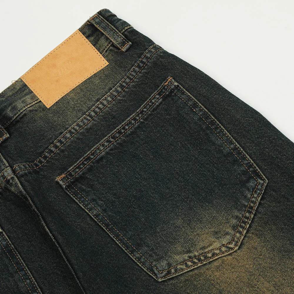 Washed Yellow Denim Bootcut Jeans Pants Men