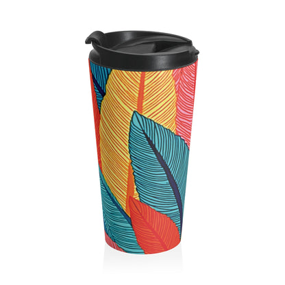 Mug de Voyage Isotherme en Acier Inoxydable Tropical Feather — Motif Feuilles Colorées, Gobelet Isotherme pour Café