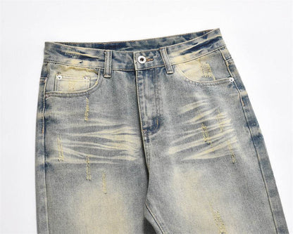 Distressed Scratches Denim Straight-leg Pants Men Jeans