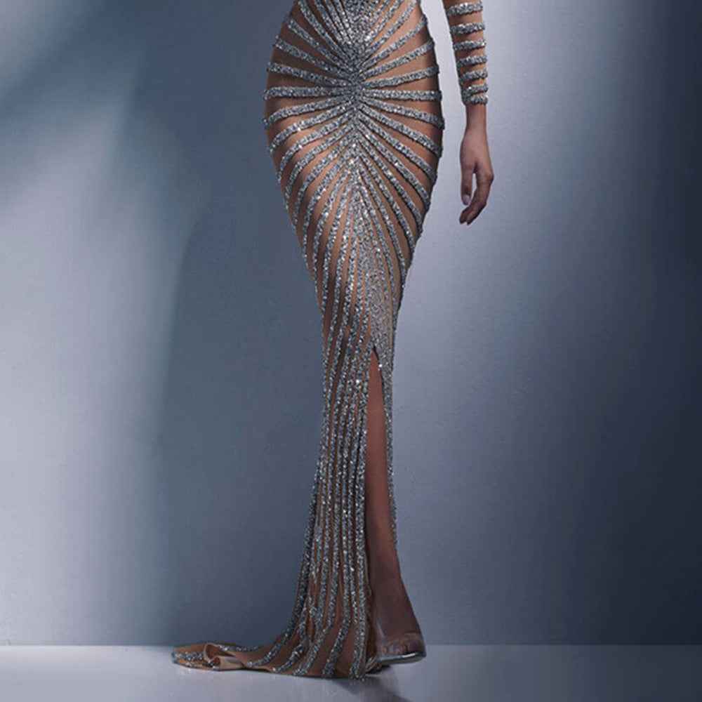 Women’s Diamond Mesh Maxi Dress – Sparkling Sheer Evening Gown for Party and Events