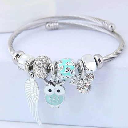 DIY Beaded Owl Angel Wings Pendant Stainless Steel Bracelet