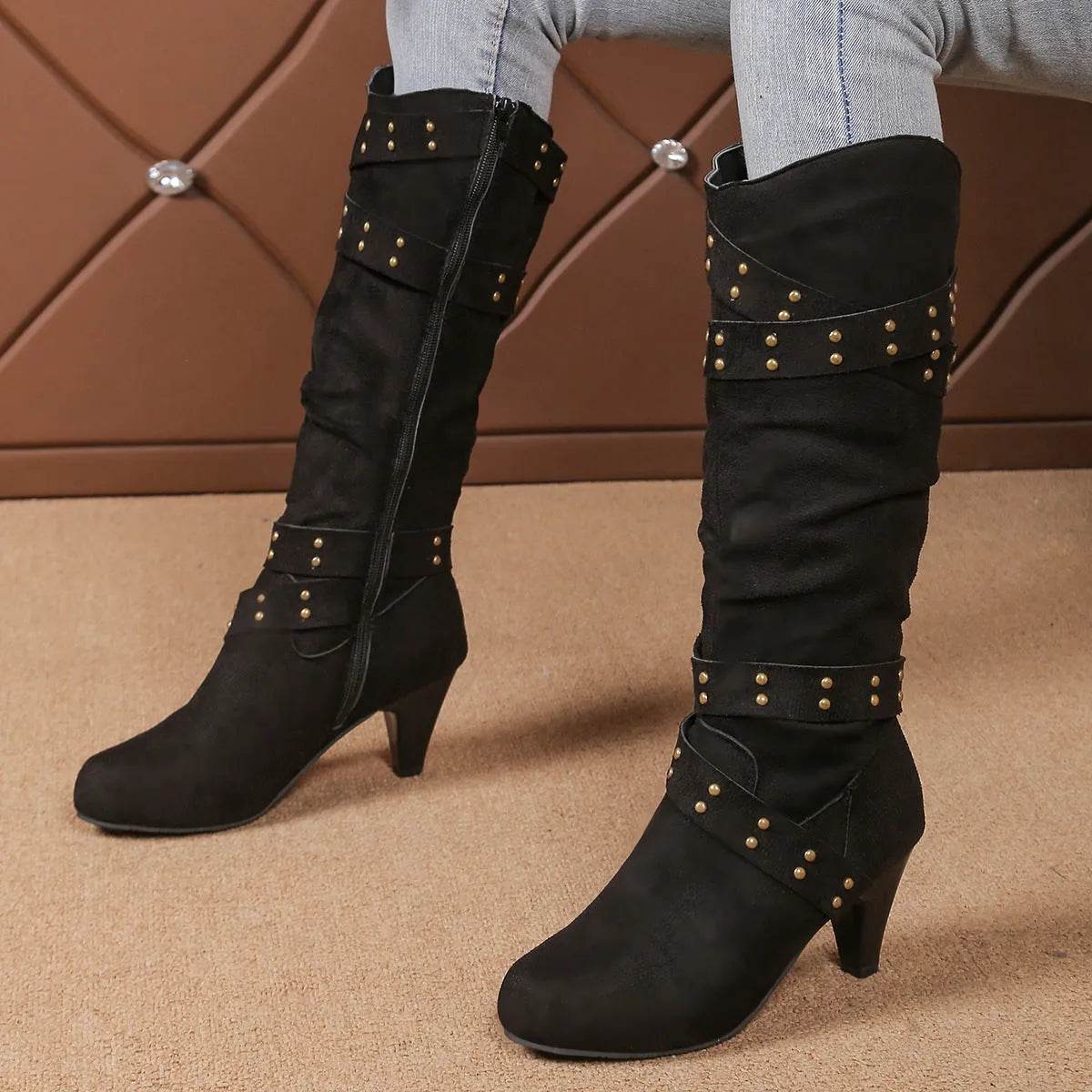 Bottes à talons hauts mode avec lanières croisées et rivets, bottes de cowboy western rétro en V, chaussures décontractées à fermeture éclair pour femmes