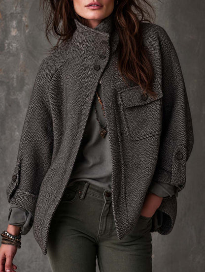 Women’s Vintage Oversized Herringbone Wool Coat – Long Relaxed-Fit Winter Outerwear Jacket