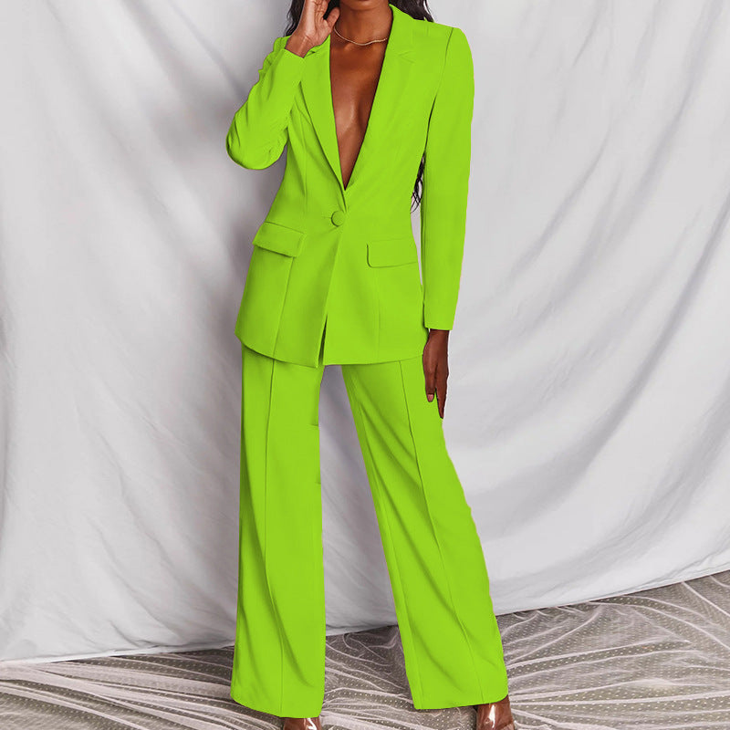 Women's Business Suit Set – Lapel Button-Down Blazer and Straight Leg Trousers