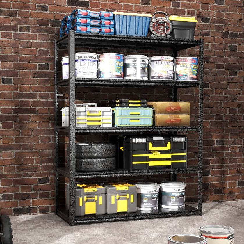 Étagères métalliques à plusieurs niveaux pour le rangement, étagères de garage, 907 kg, étagères de rangement robustes, étagères de garage réglables, unité d'étagères industrielles, support utilitaire de rangement, noir