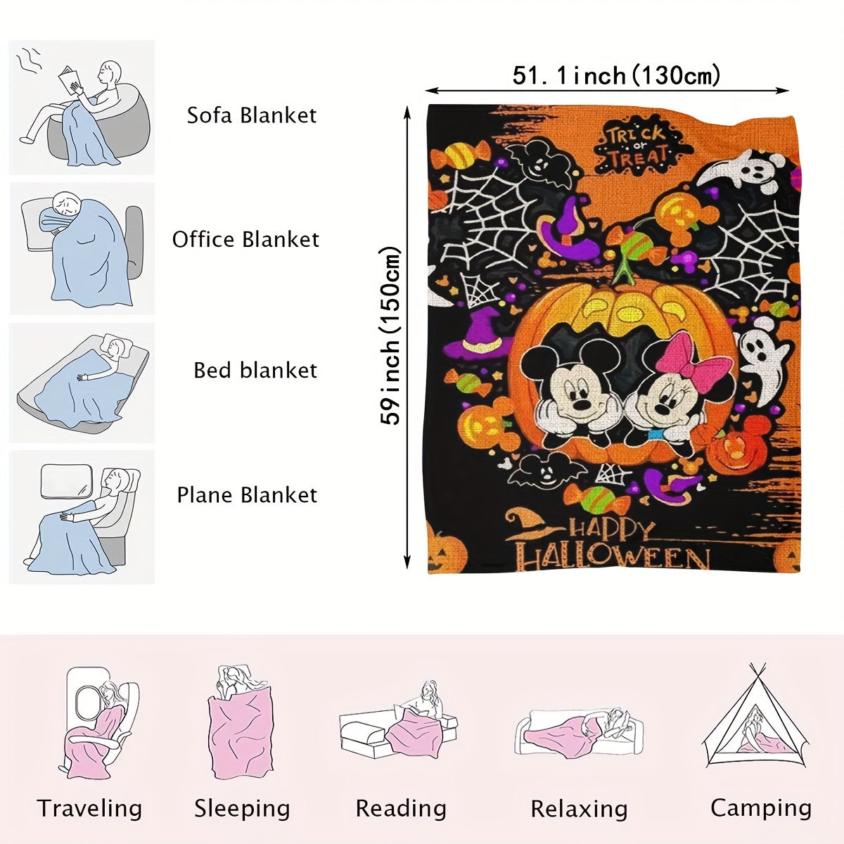 Disney Mickey and Minnie Halloween Flannel Throw Blanket, Traditional Style, All Seasons Stain Resistant, Digital Print Polyester, Multipurpose Knitted Bedding with Vibrant Patterns, Easy Care - Dry Clean Only