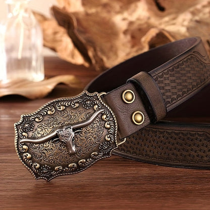 Ceinture Western Vintage pour Homme avec Détails Gaufrés et Boucle Unique - Similicuir Tendance, Bords Brodés, Style Décontracté