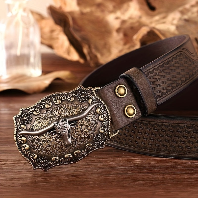 Ceinture Western Vintage pour Homme avec Détails Gaufrés et Boucle Unique - Similicuir Tendance, Bords Brodés, Style Décontracté